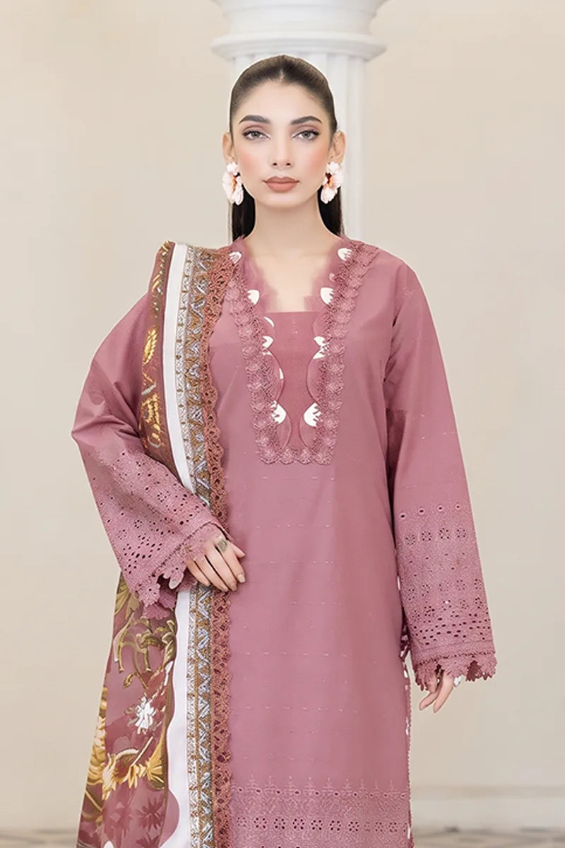 Emerald By Johra - 3 Piece Unstitched Embroidered Chikankari Lawn Suit (Dusty Rose)