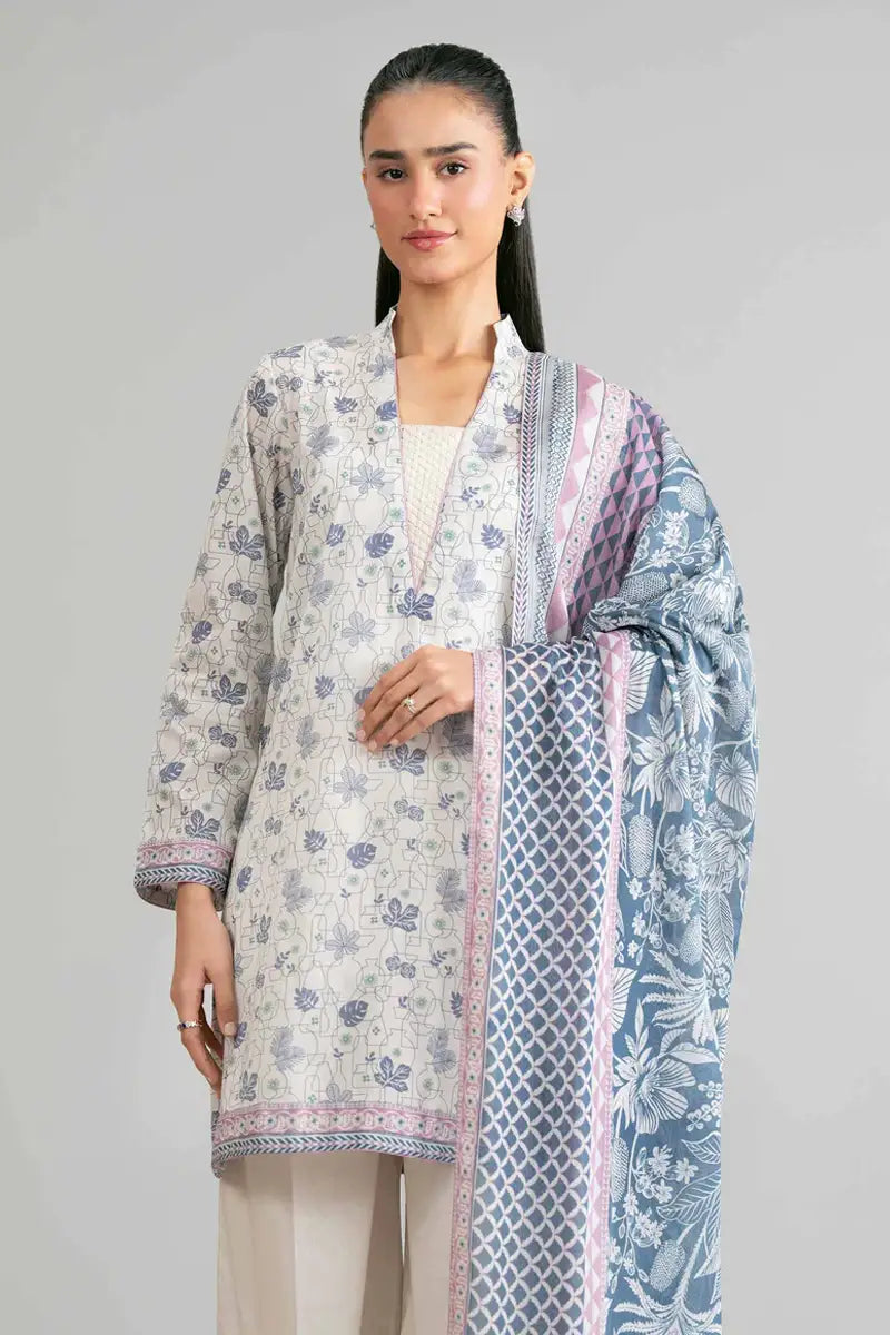Sapphire Vol.7 - 3PC Unstitched Printed Lawn Suit (Off-White & Steel Blue)