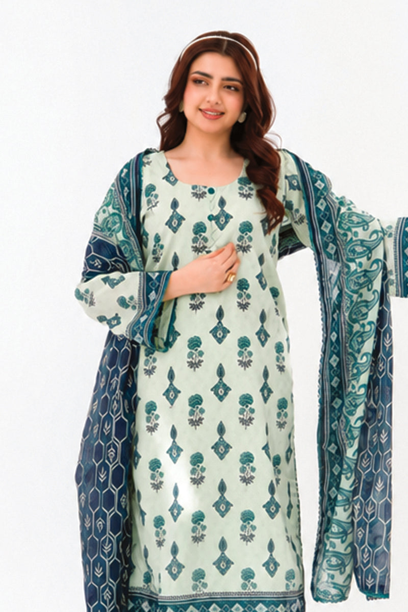 Zesh - Drop Fourteen Printed Series 3PC Unstitched Lawn Suit (Mint Green & Ocean Blue)