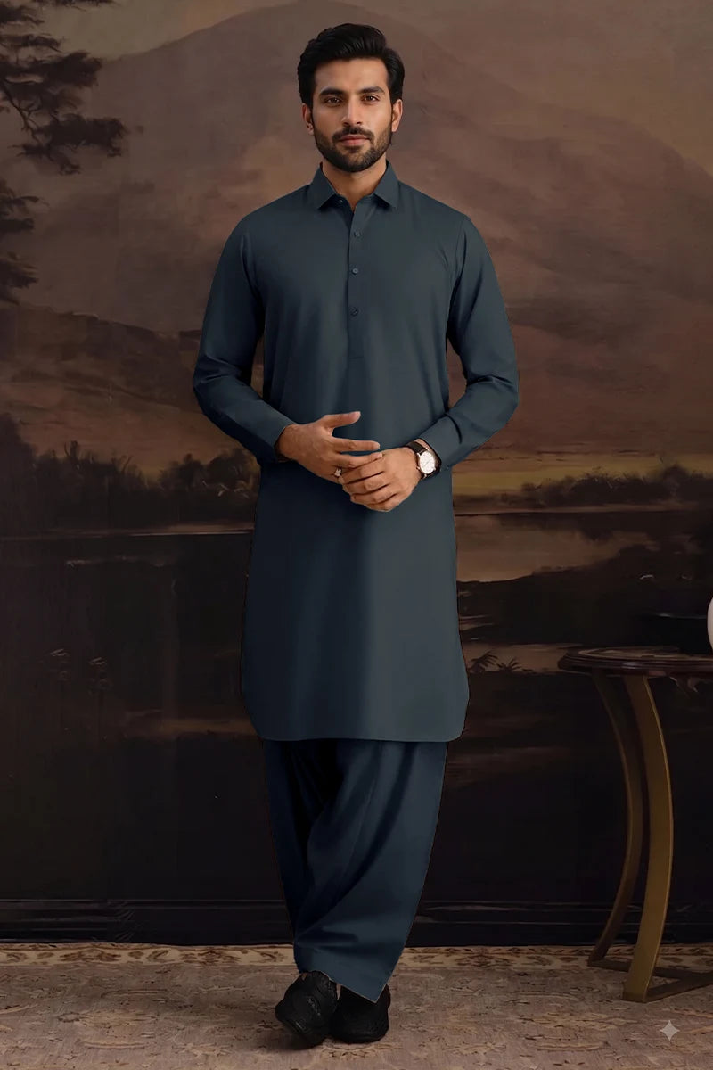 Premium Men's Unstitched Cotton Fabric Suit (Slate Blue)