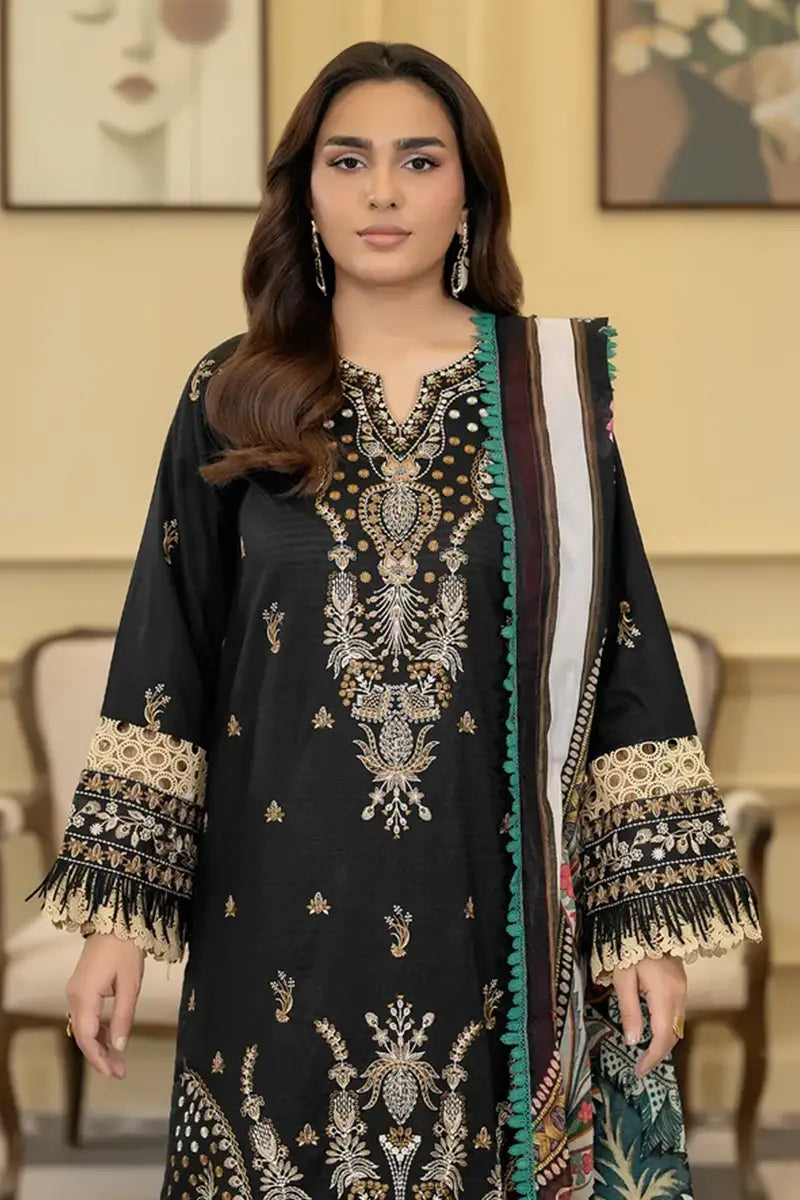Elvia By Johra - 3PC Unstitched Embroidered Lawn Suit (Black)