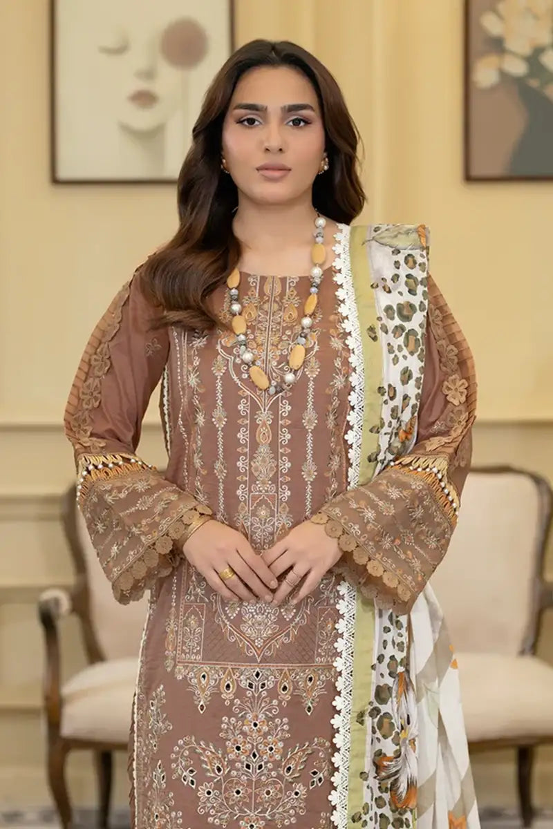 Elvia By Johra - 3PC Unstitched Embroidered Lawn Suit (Taupe Brown)