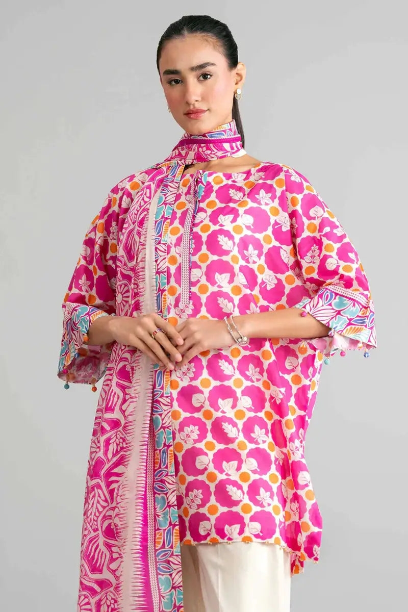 Sapphire Vol.7 - 3PC Unstitched Printed Lawn Suit (Vibrant Pink & Off-White)
