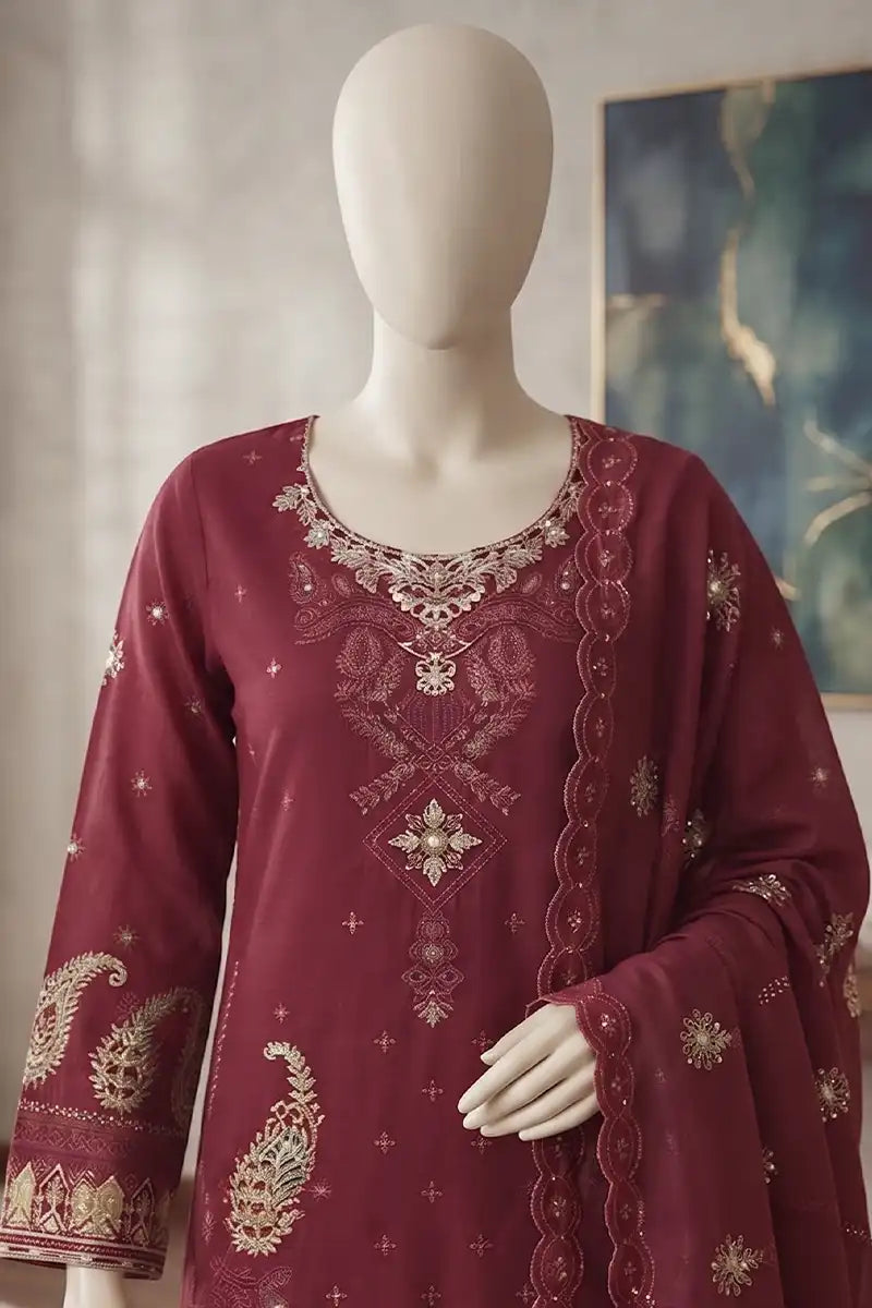 Marvi by Breeza Fashion - 3PC Unstitched Embroidered Lawn Suit (Maroon)