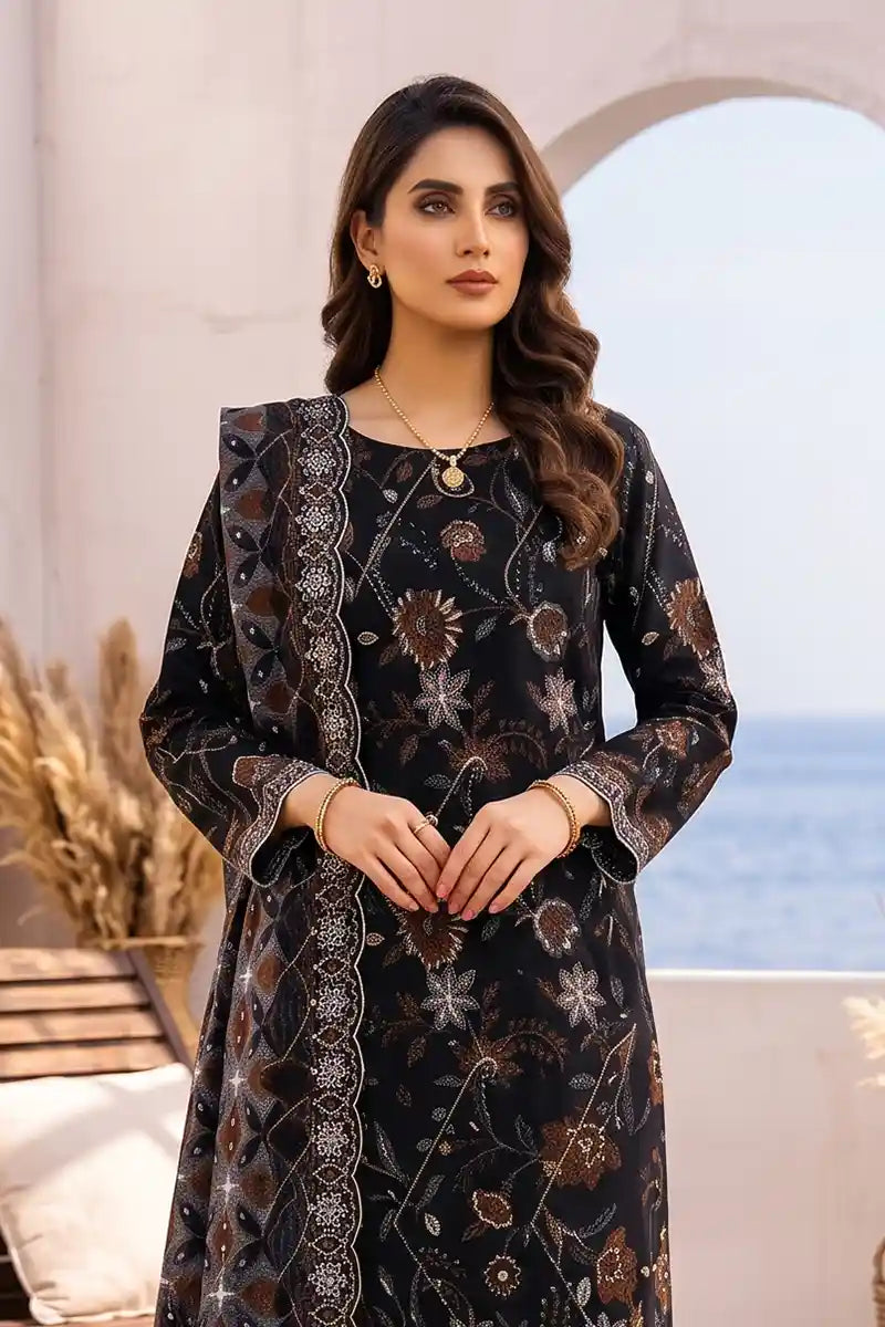 Zesh - 3PC Unstitched Embroidered Lawn Suit (Midnight Black)
