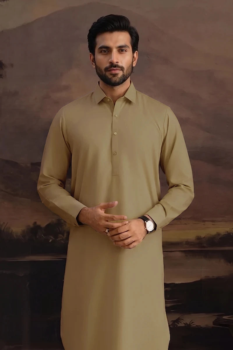 Premium Men's Unstitched Cotton Fabric Suit (Light Khaki)
