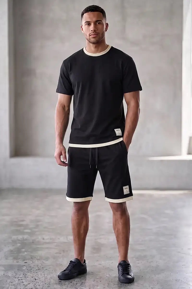 Men's Casual T-Shirt and Shorts Co-ord Set (Pitch Black)