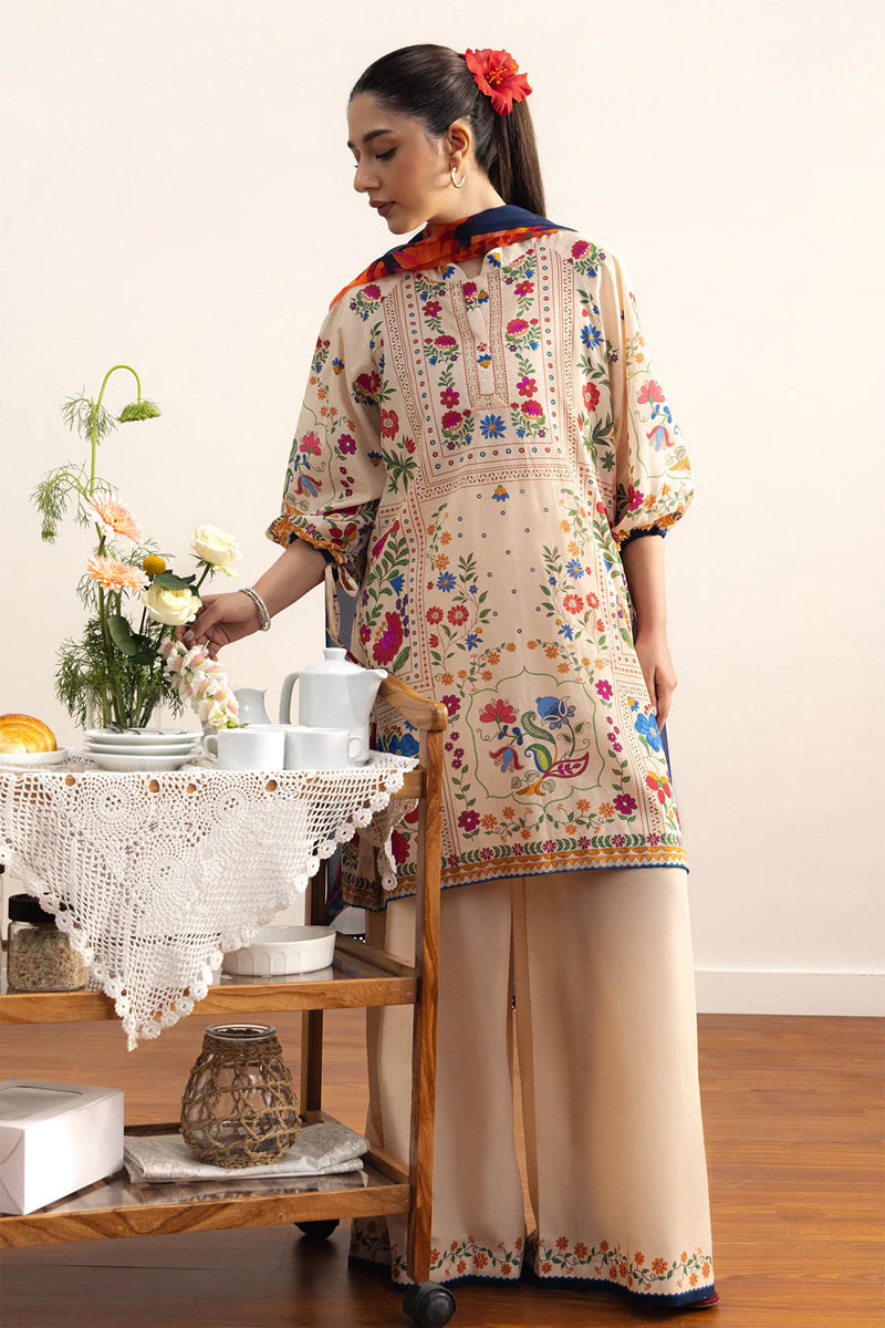 COCO By Zara Shahjahan - 3-Piece Unstitched Printed Lawn Suit (Soft Beige & Navy Blue)