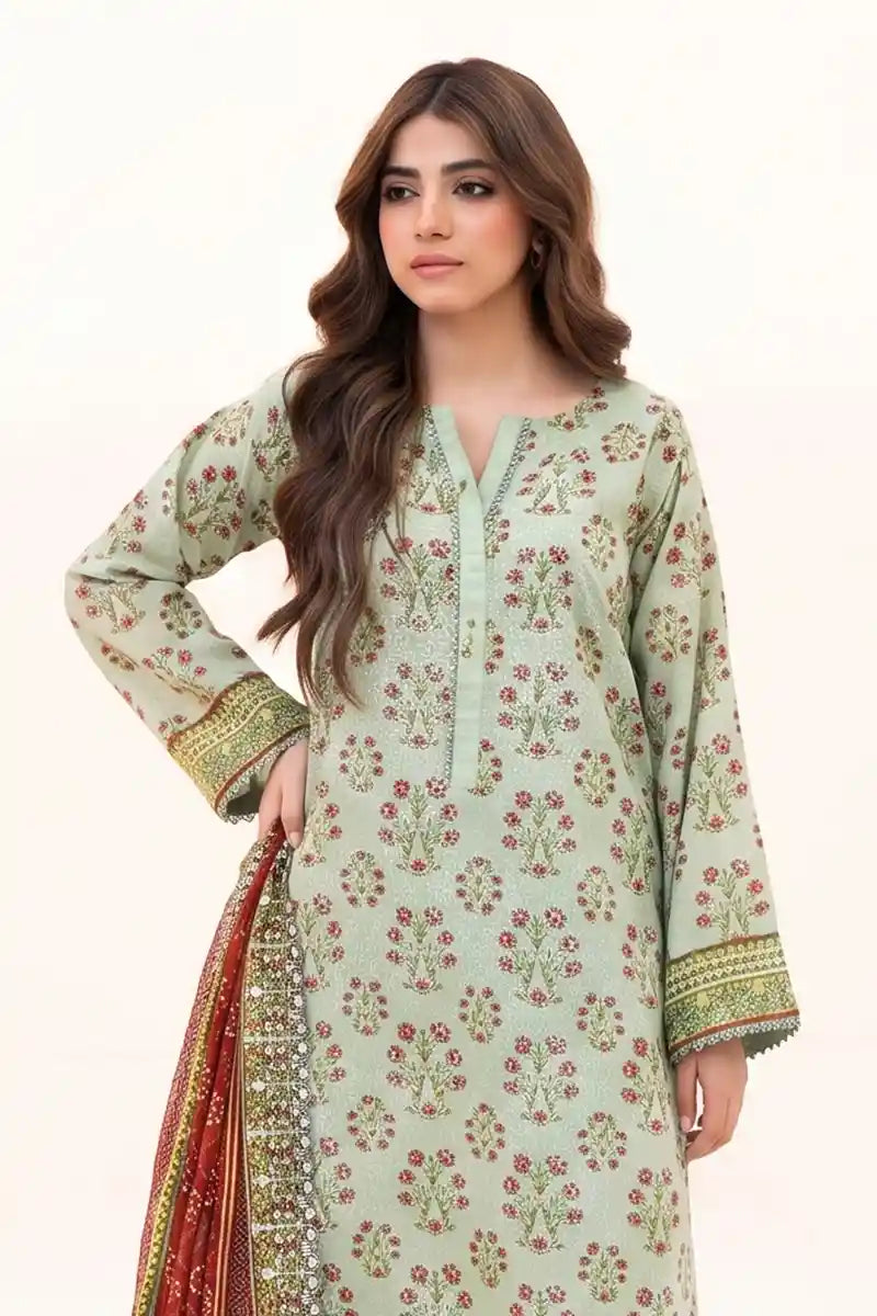 Zesh - 3PC Unstitched Embroidered Lawn Suit (Light Mint Green & Rust)