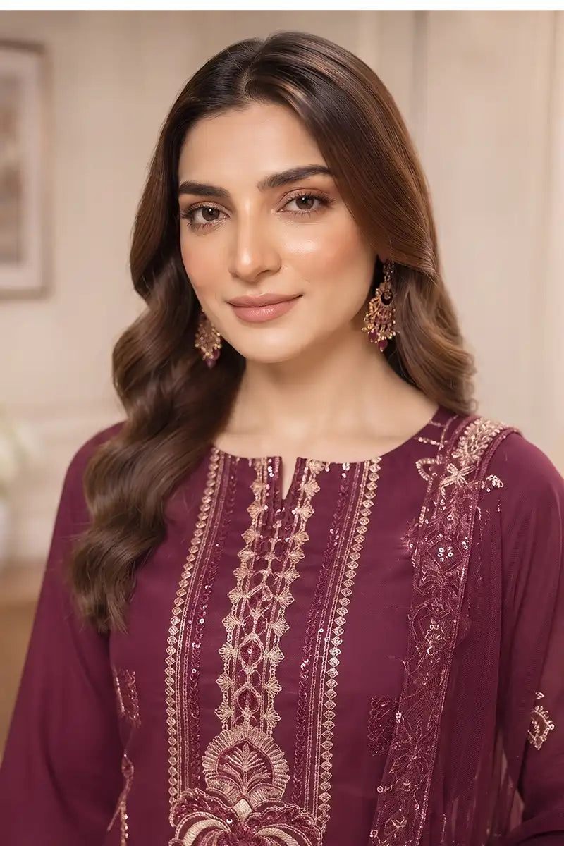 Sawan by Breeza Fashion - 3PC Unstitched Embroidered Lawn Suit (Dark Magenta)