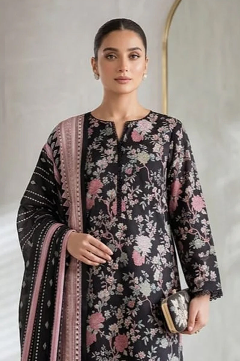 Khaadi – 3 Piece Unstitched Digital Printed Lawn Suit (Black & Rose Pink)
