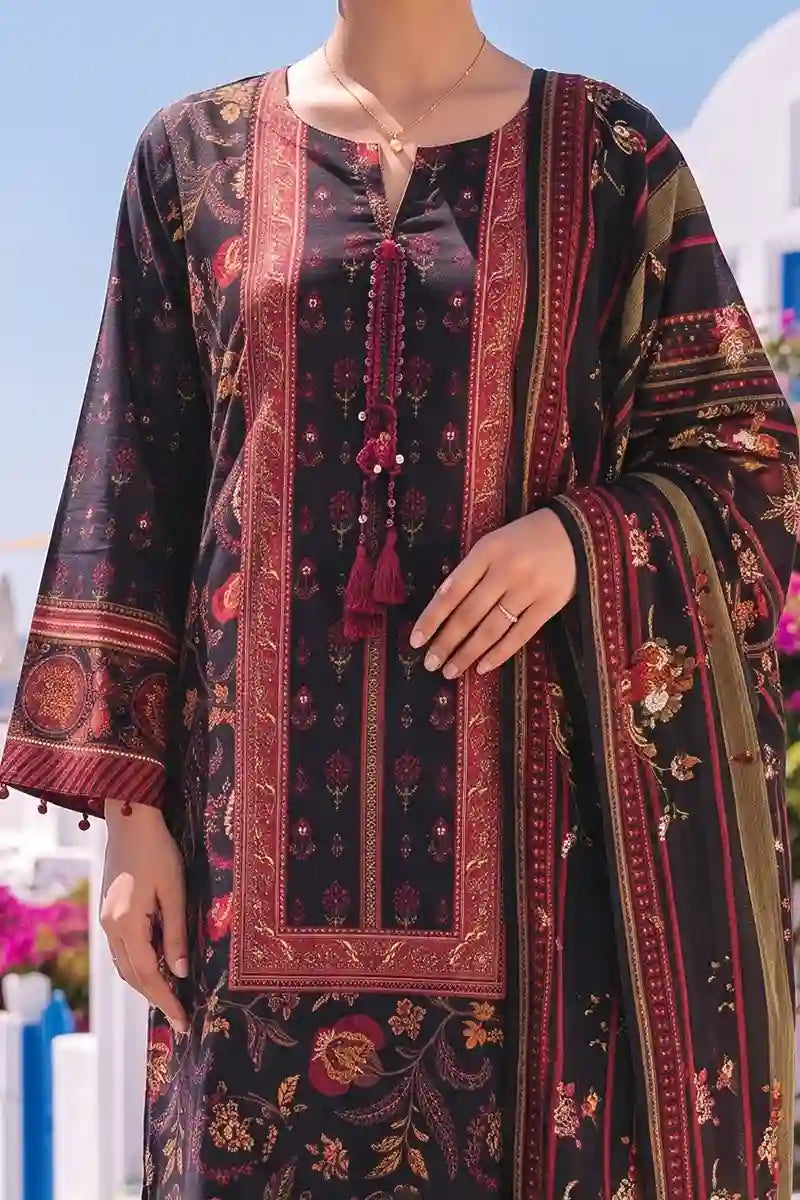 Aabruh Vol-1 3PC Unstitched Printed Lawn Suit (Charcoal Black & Red Rust)
