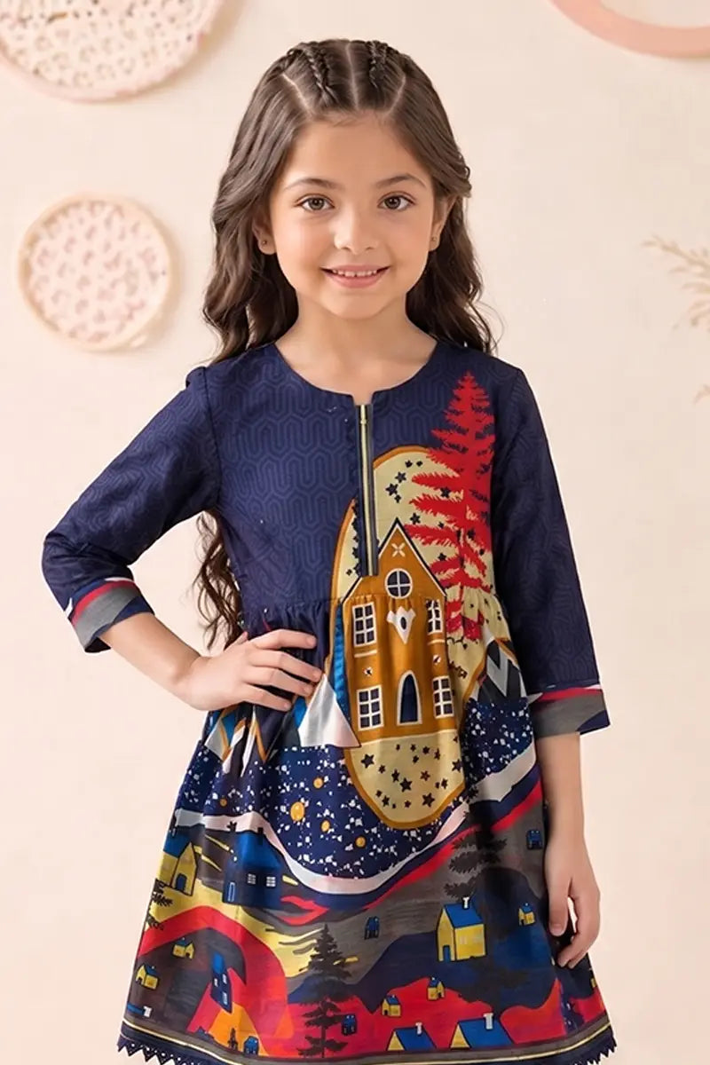 Ting Tone by Almeerah - Girls Unstitched 2-Piece Suit (8 to 12 Years) (Deep Navy Blue)