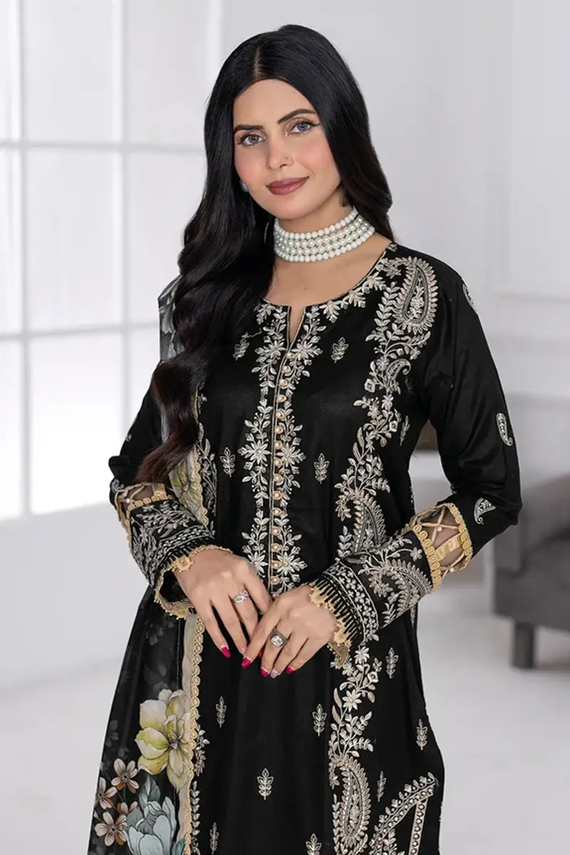 Muswa By Johra - 3PC Unstitched Embroidered Lawn Suit (Black)