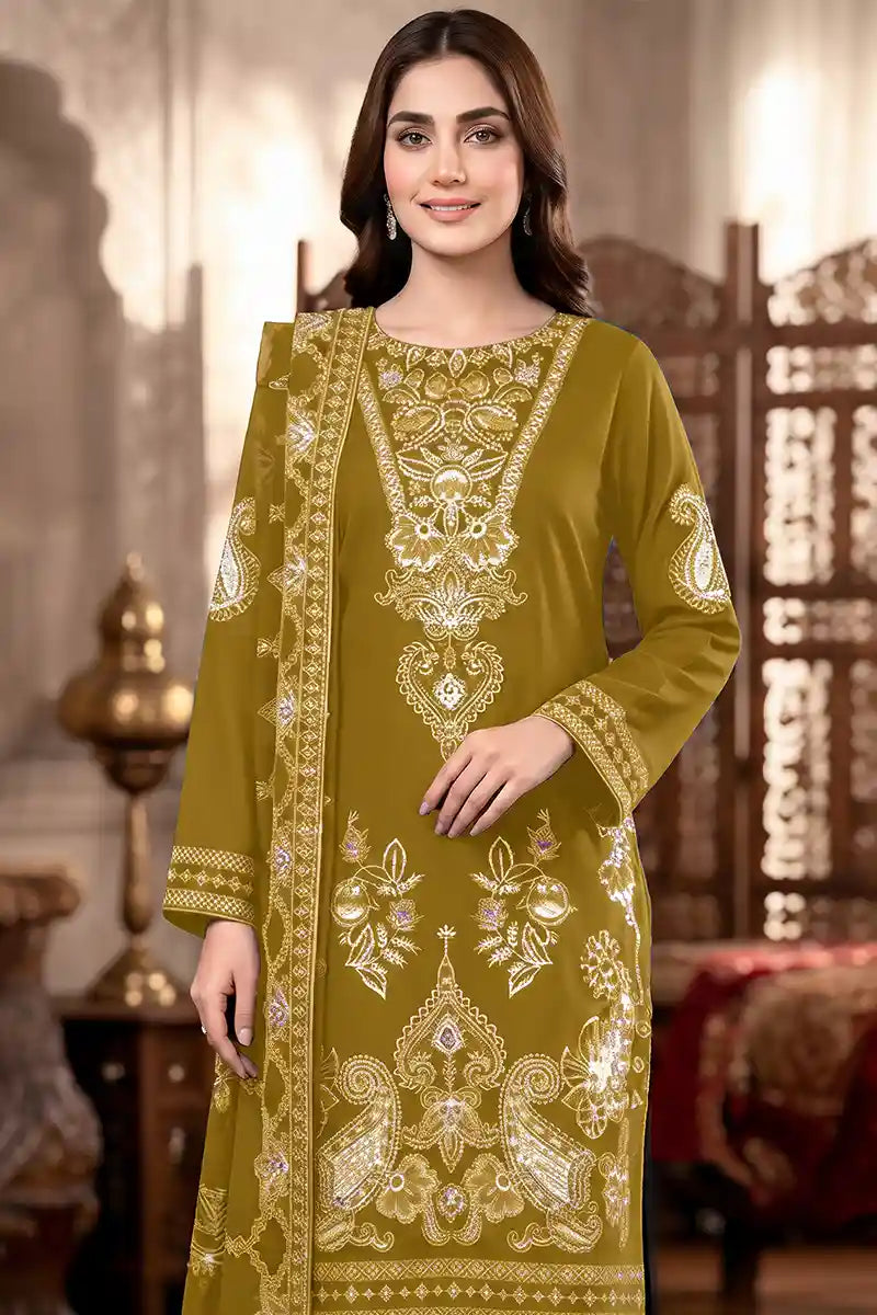Shah Jaha by Breeza Fashion - 3PC Unstitched Embroidered Lawn Suit (Mustard Gold)