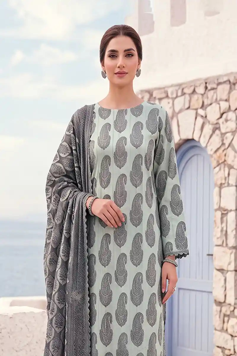Zesh - 3PC Unstitched Embroidered Lawn Suit (Sage Green & Charcoal Grey)