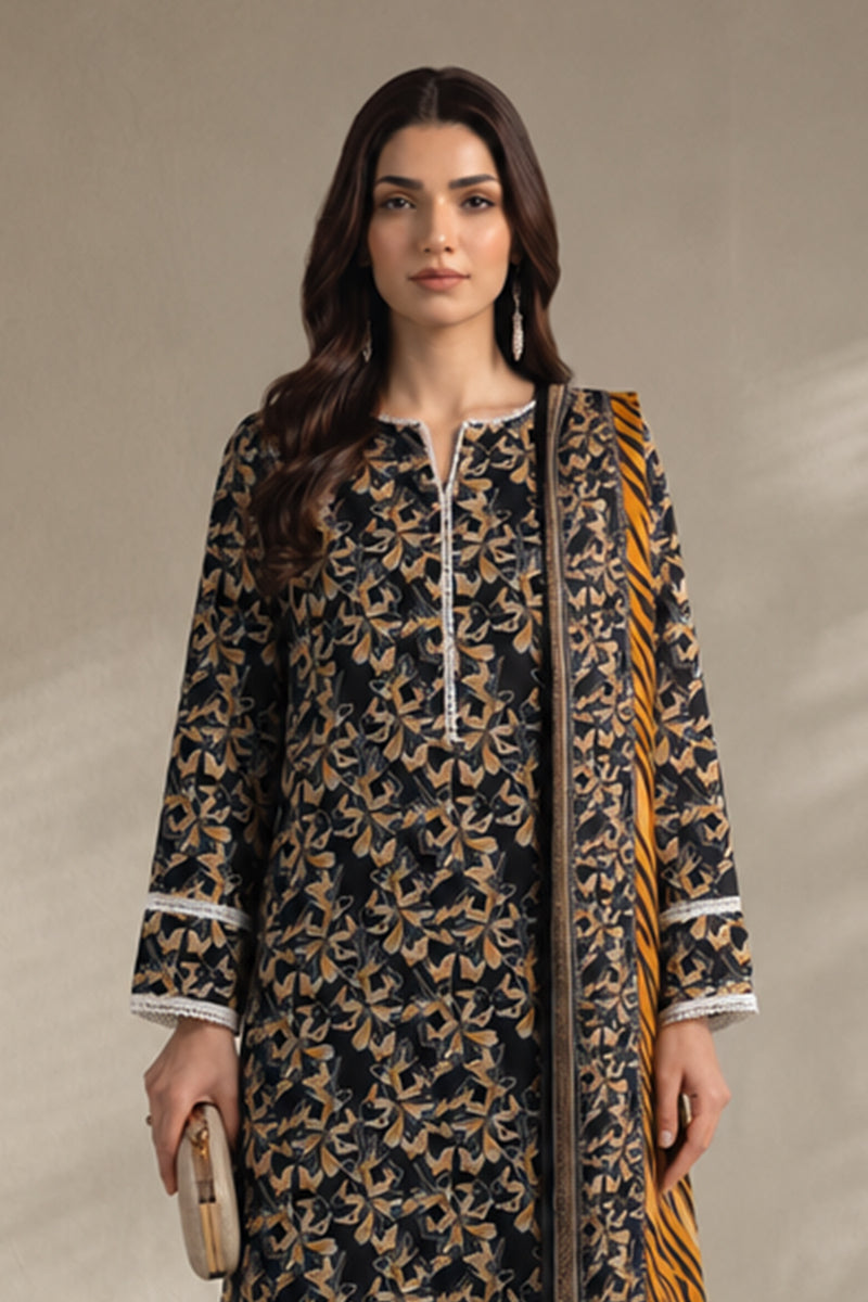Khaadi – 3 Piece Unstiched Premium Printed Lawn Suit (Jet Black & Gold)