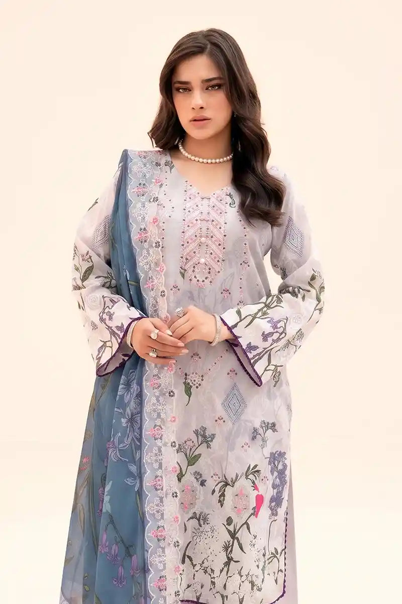 Zesh - 3PC Unstitched Embroidered Lawn Suit (Soft Lavender Grey & Dusty Blue)