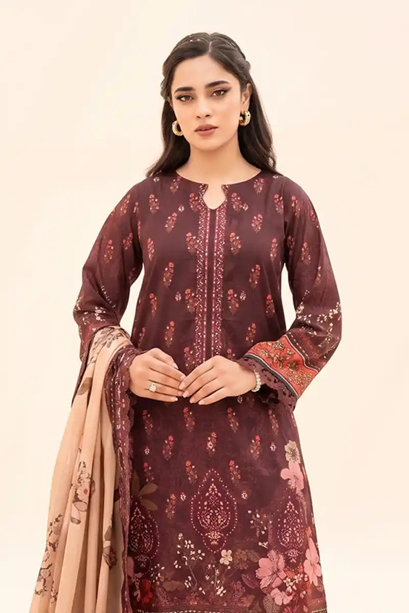 Zesh - 3PC Unstitched Embroidered Lawn Suit (Deep Maroon & Beige)