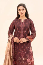 Zesh - 3PC Unstitched Embroidered Lawn Suit (Deep Maroon & Beige)