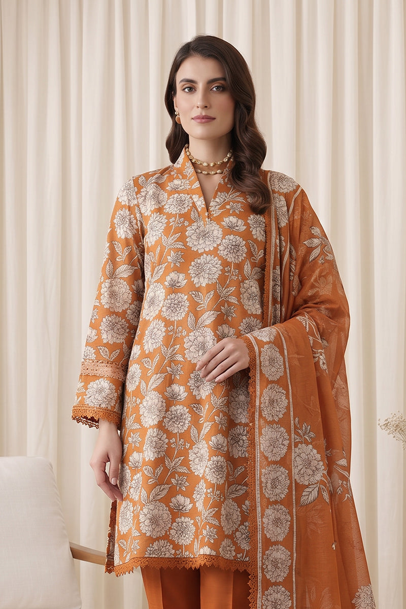 Gul Rang By Bareezé – 3-Piece Unstiched Printed Classic Lawn (Rust Orange)
