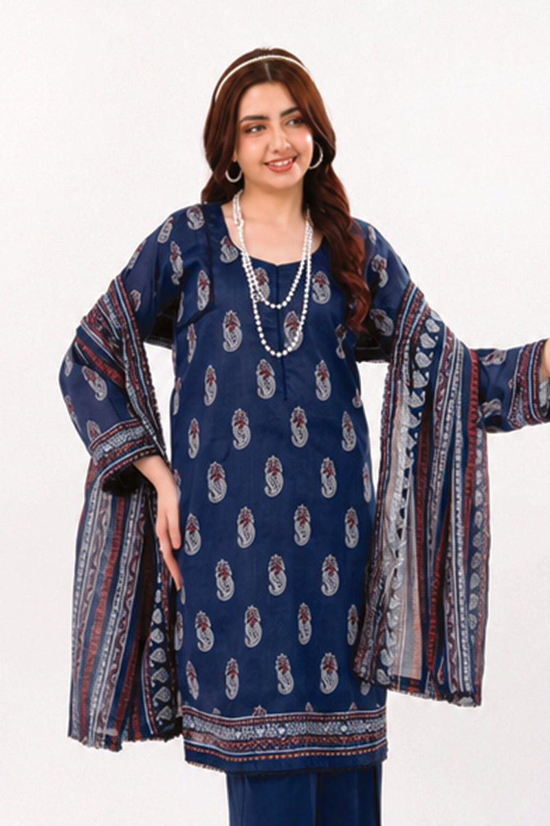 Zesh - Drop Fourteen Printed Series 3PC Unstitched Lawn Suit (Deep Royal Blue)