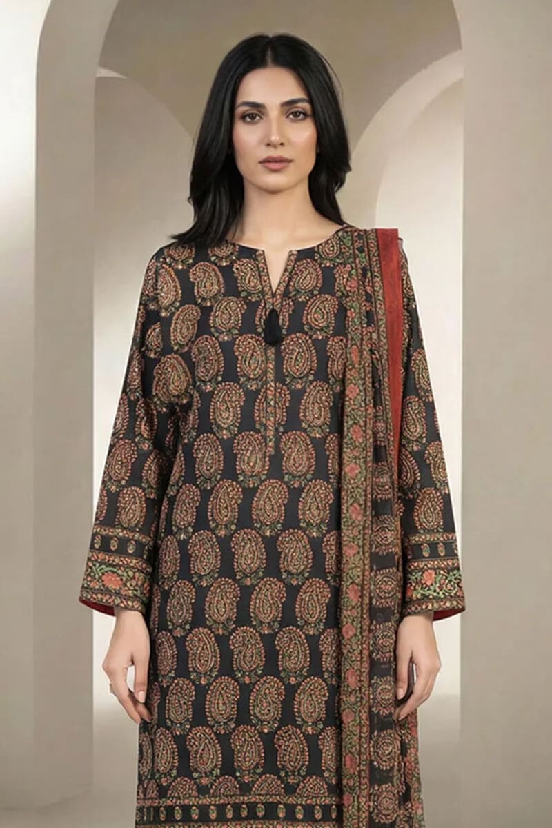 Sapphire (Vol.4) - 3PC Unstitched Printed Lawn Suit (Deep Charcoal Black & Muted Rust)