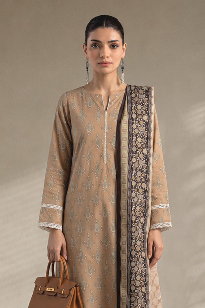 Khaadi – 3 Piece Unstiched Premium Printed Lawn Suit (Light Tan)