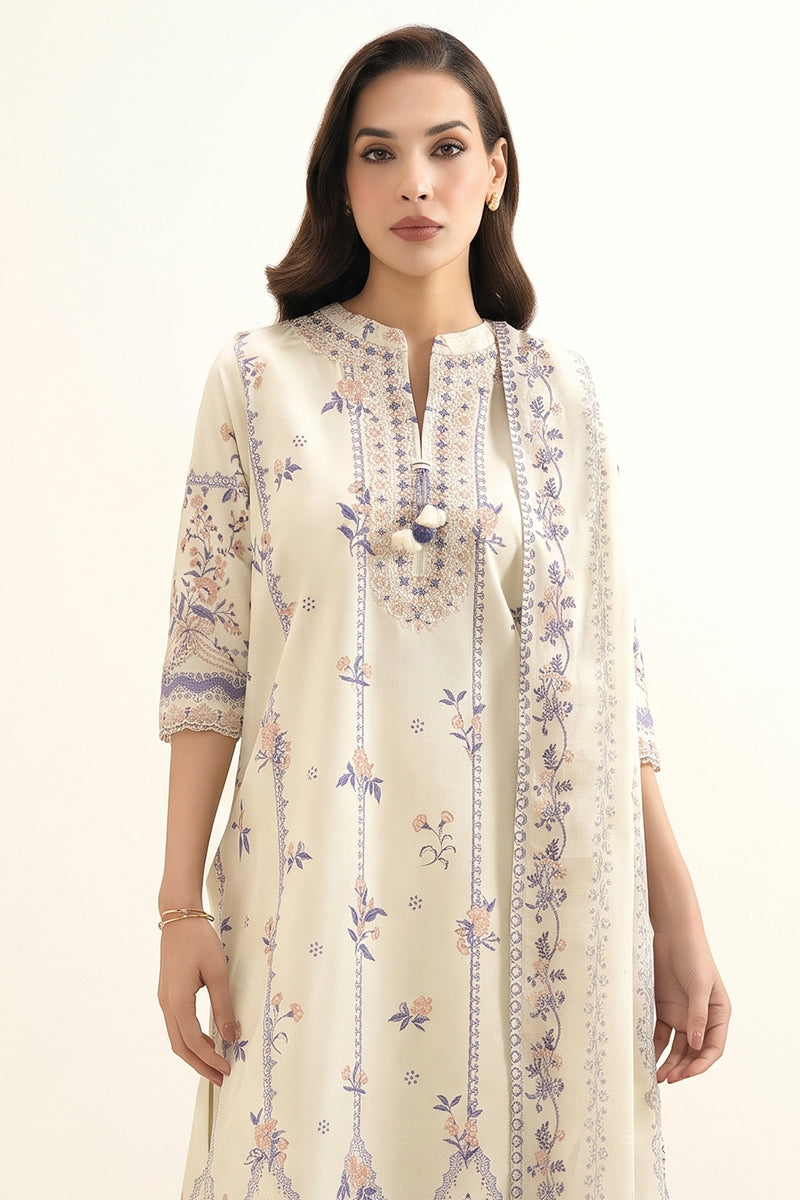 Sapphire - 3PC Unstitched Embroidered Printed Lawn Suit (Off-White)