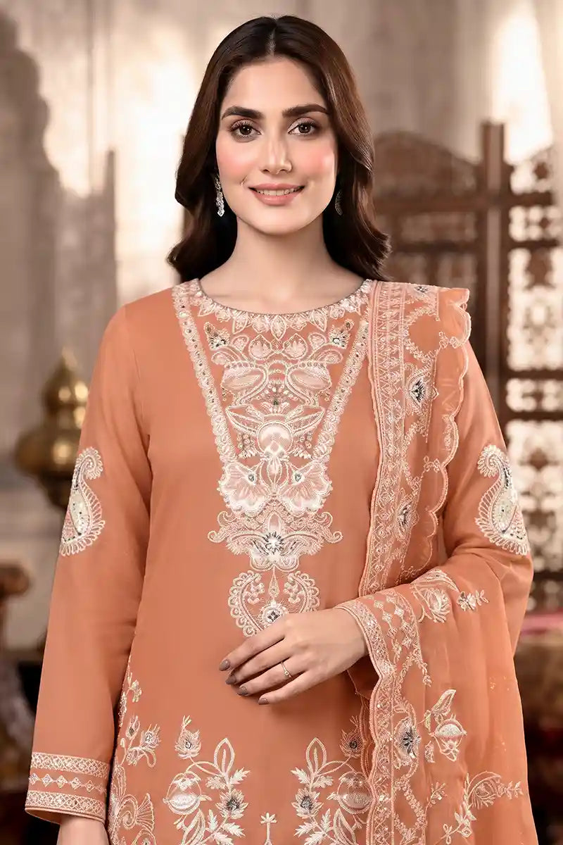 Shah Jaha by Breeza Fashion - 3PC Unstitched Embroidered Lawn Suit (Soft Apricot)