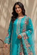 Millat - 3PC Unstitched Embroidered Lawn Suit (Cyan)