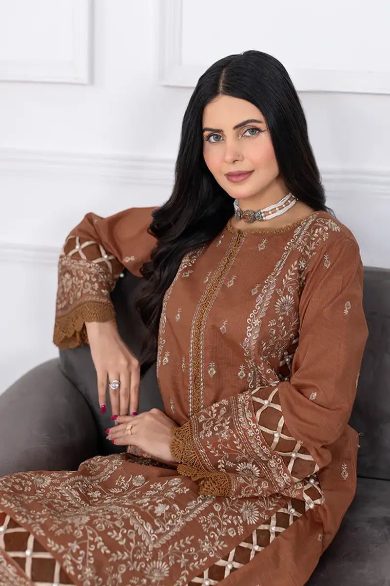 Muswa By Johra - 3PC Unstitched Embroidered Lawn Suit (Terracotta)