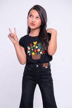 Girls' Floral Basket Print T Shirt (Black)
