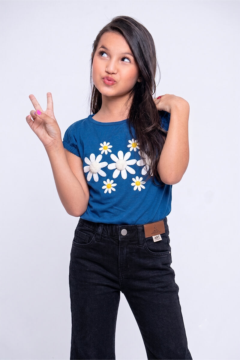 Girls' Daisy Print T Shirt (Blue)
