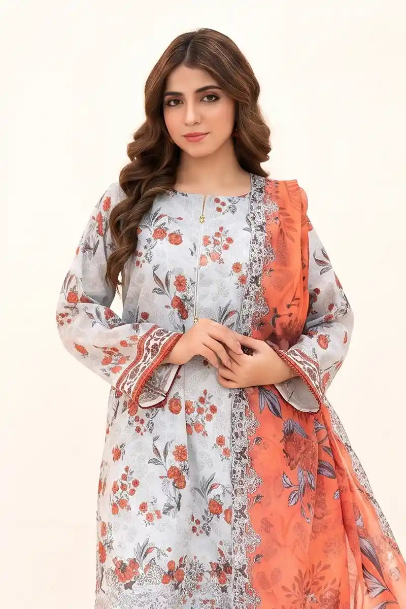 Zesh - 3PC Unstitched Embroidered Lawn Suit (Light Ice Blue & Dusty Peach)