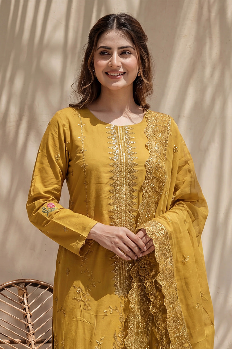 Millat - 3PC Unstitched Embroidered Lawn Suit (Mustard Yellow)