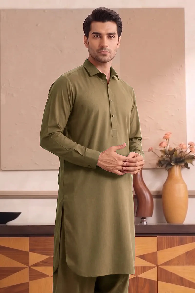 Yameen - Men’s Unstitched Cotton Fabric (Military Olive)