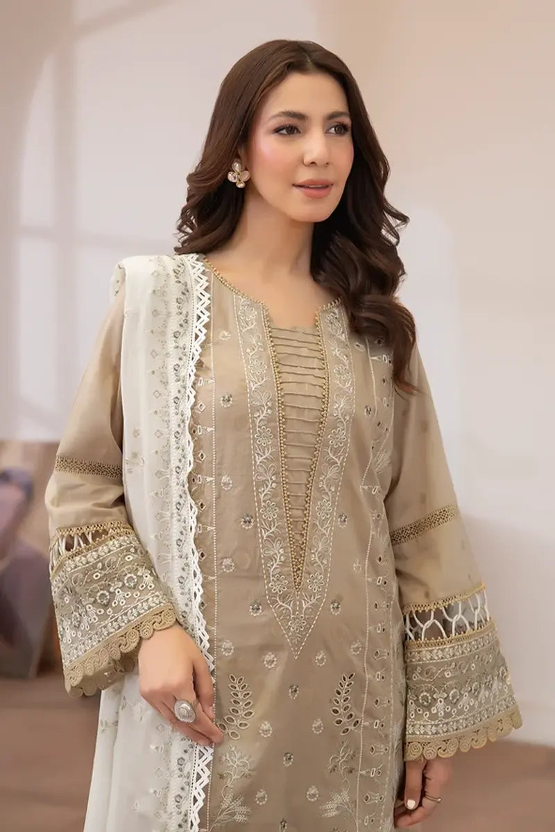 Aqua By Johra - 3PC Unstitched Embroidered Lawn Suit (Sandy Beige)