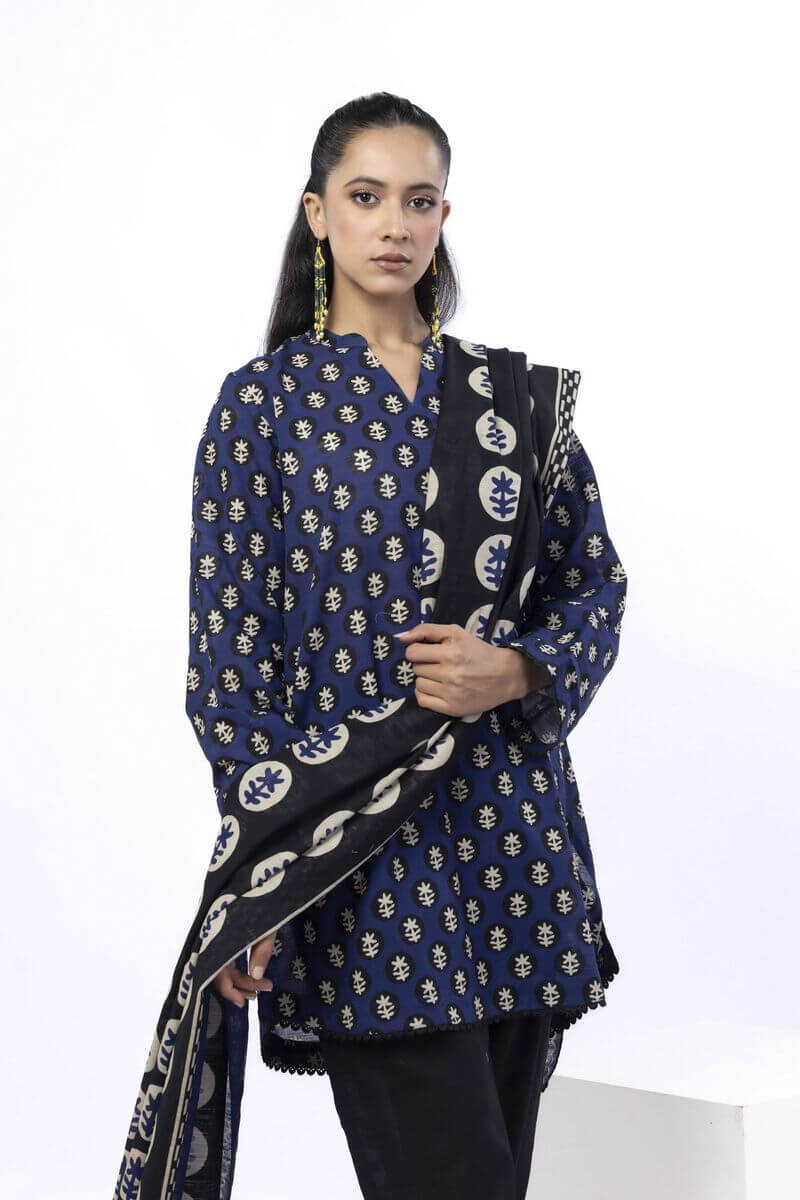 Sapphire (Vol.4) - 3PC Unstitched Printed Lawn Suit (Navy Blue)