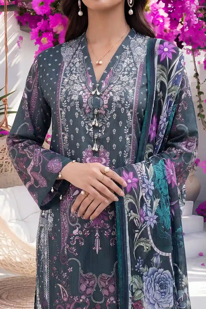 Aabruh Vol-1 3PC Unstitched Printed Lawn Suit (Dark Charcoal Slate & Vibrant Purple Floral)