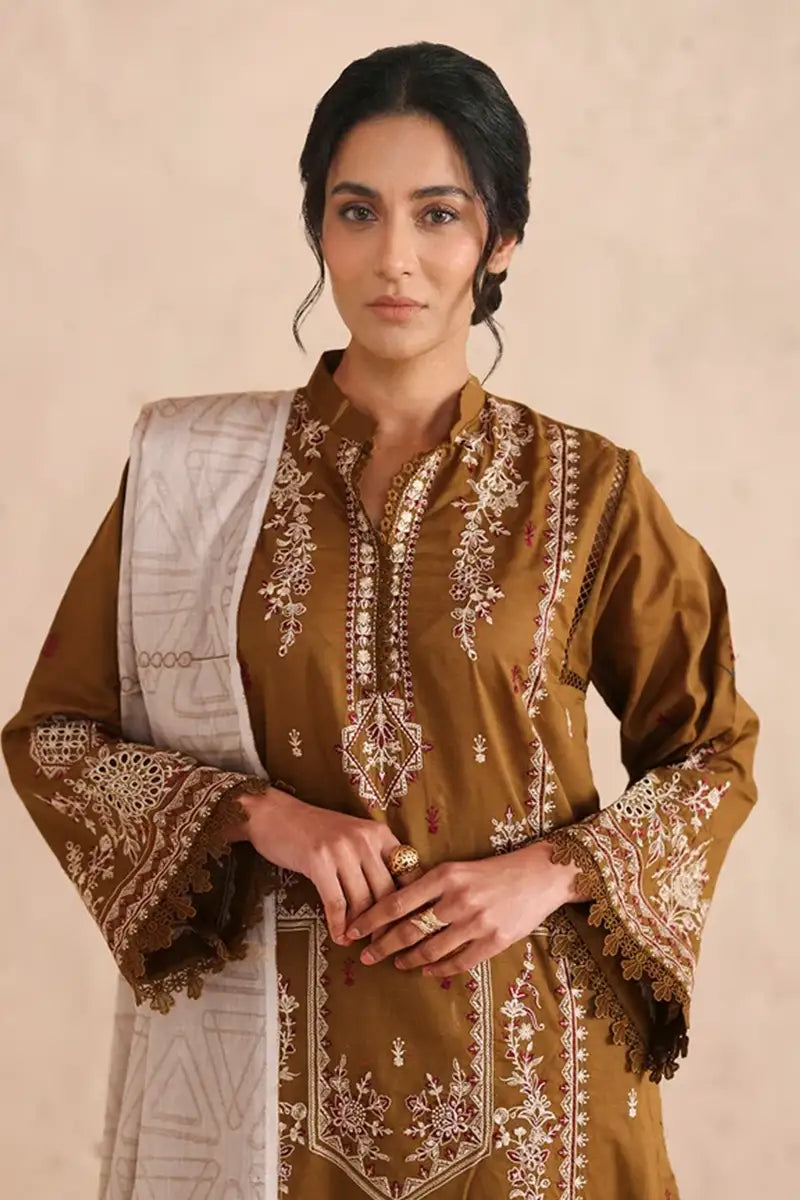 Vasal By Johra - 3PC Unstitched Embroidered Lawn Suit (Olive Brown)