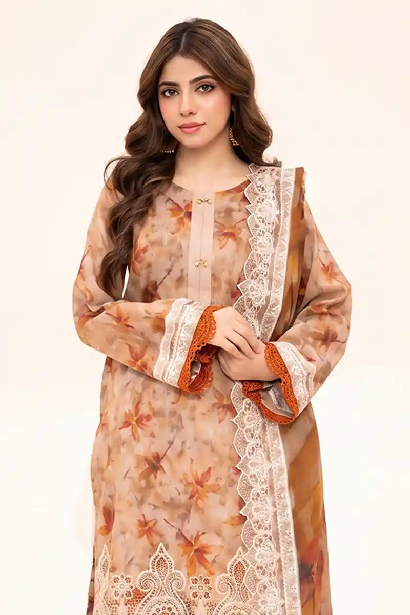 Zesh - 3PC Unstitched Embroidered Lawn Suit (Soft Beige)