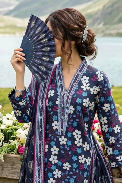 Almeerah - Nelofir Bloom 3PC Unstitched Printed Lawn Suit (Sapphire Tide)