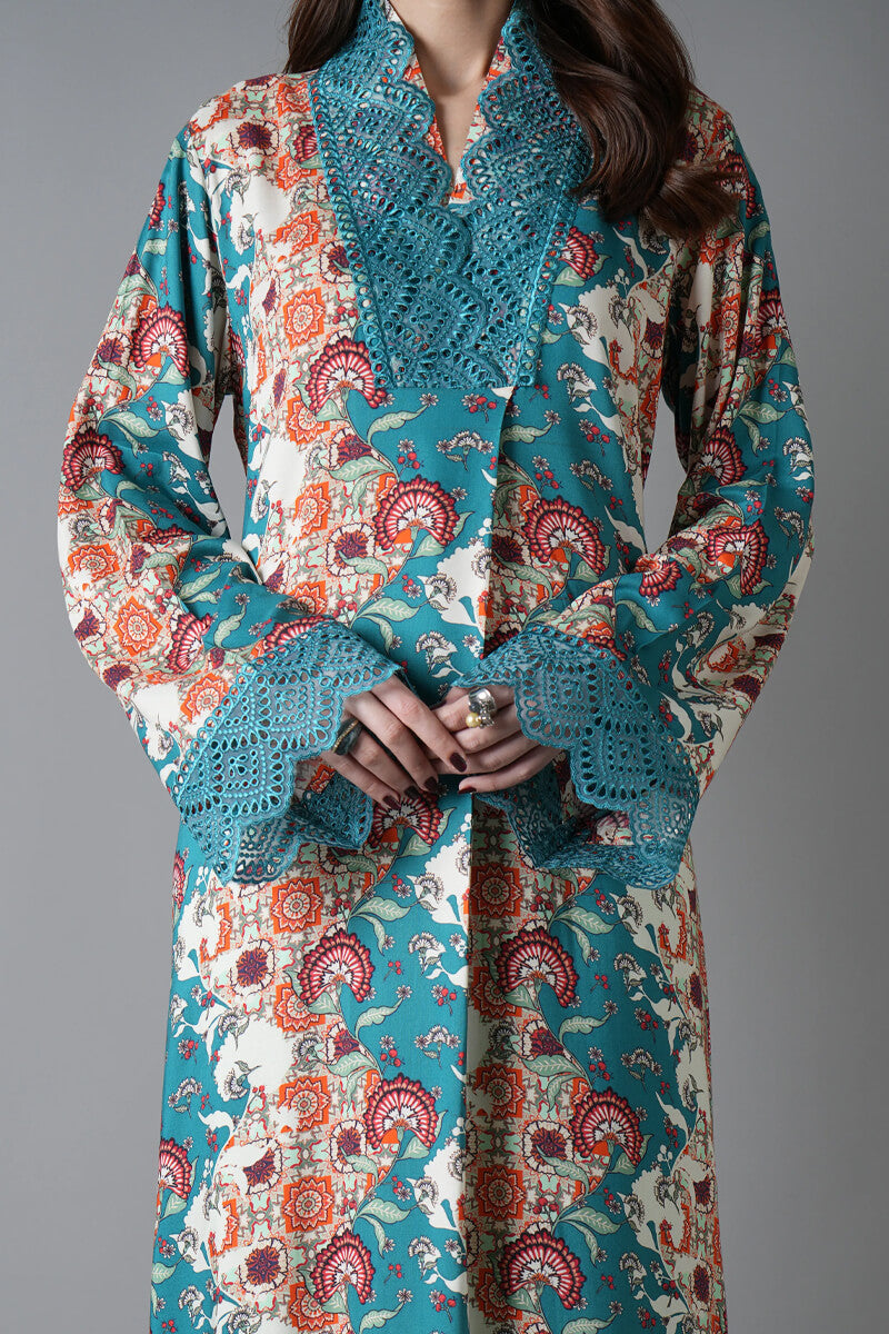 Sapphire (Vol.4) - 3PC Unstitched Printed Lawn Suit (Deep Teal & Rust Orange)