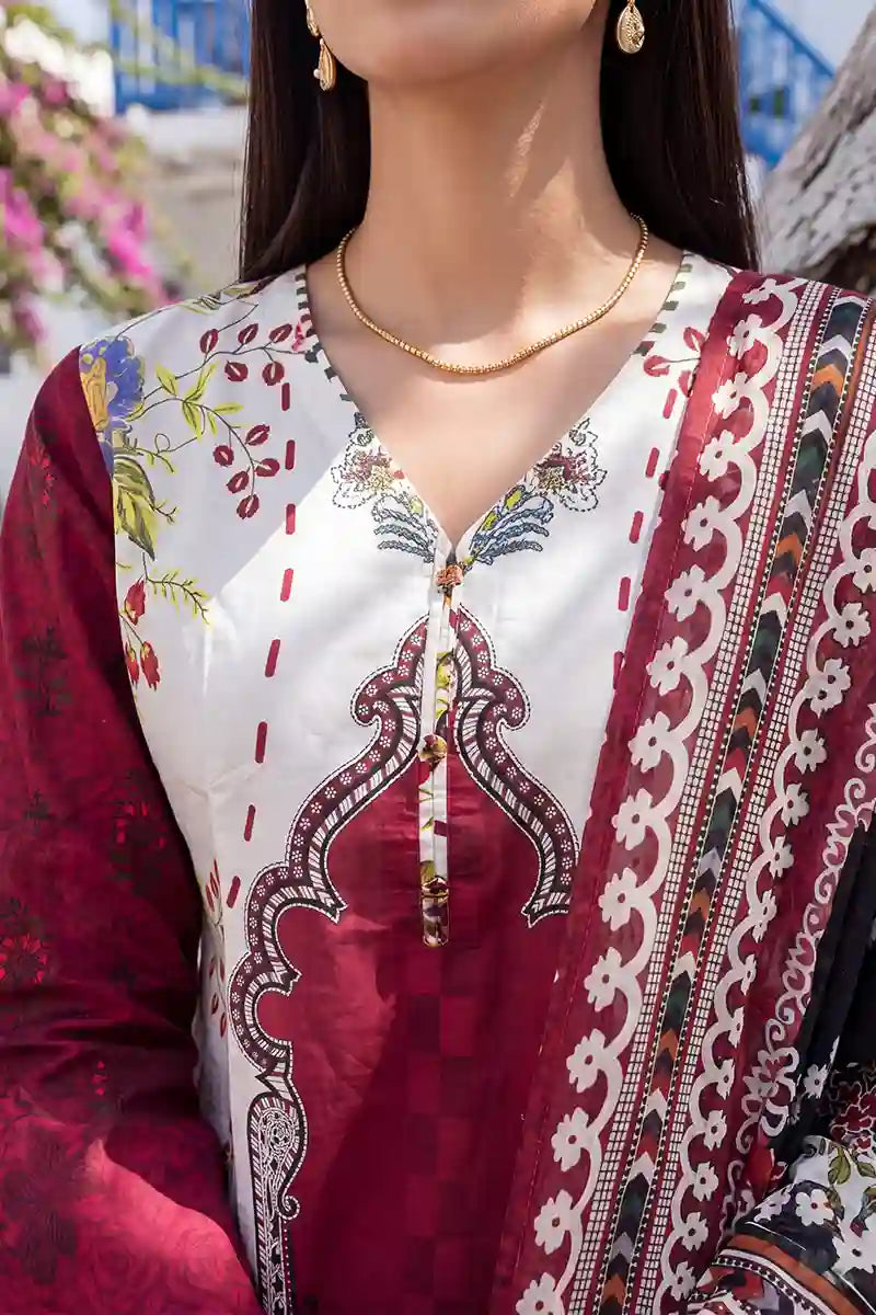Aabruh Vol-1 3PC Unstitched Printed Lawn Suit (Deep Crimson Maroon & Off-White)