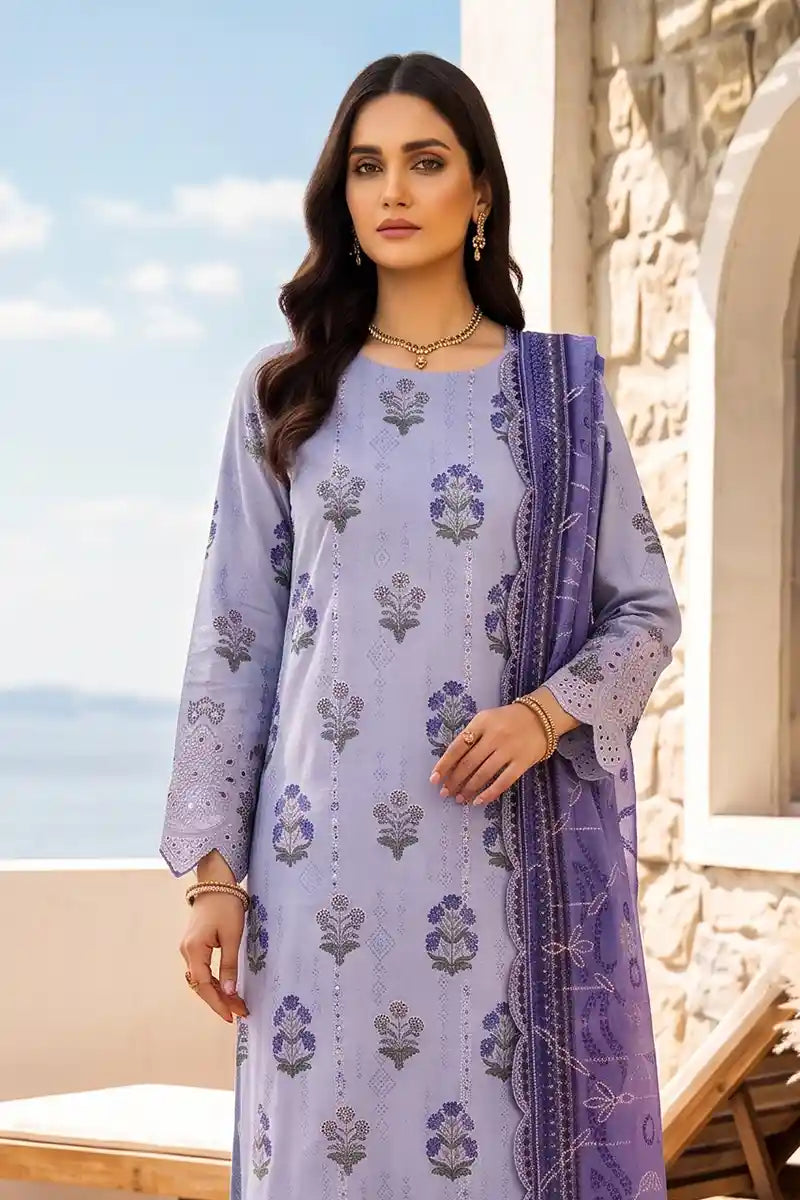 Zesh - 3PC Unstitched Embroidered Lawn Suit (Lavender & Violent Purple)