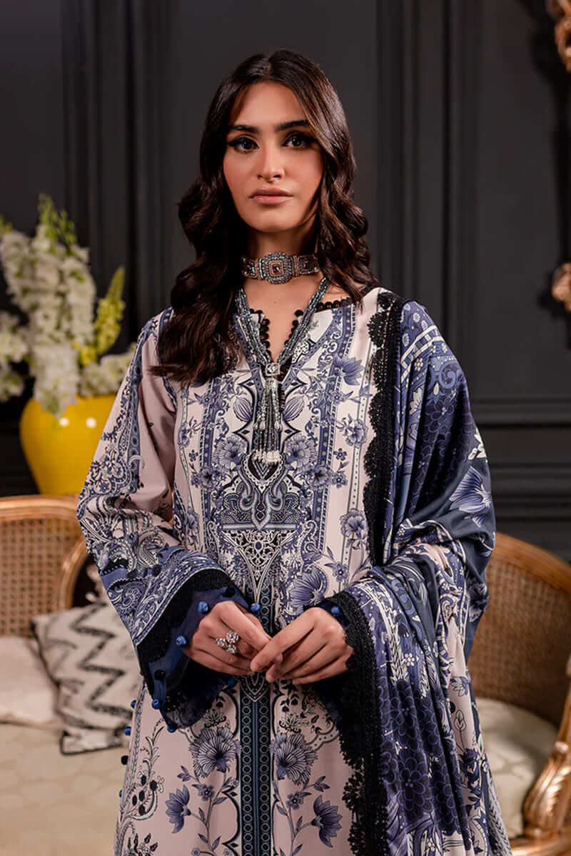 Urbane By Jade Vo.4 - 3pc Unstitched Classic Printed Lawn (Pale Blush Cream & Slate Blue)