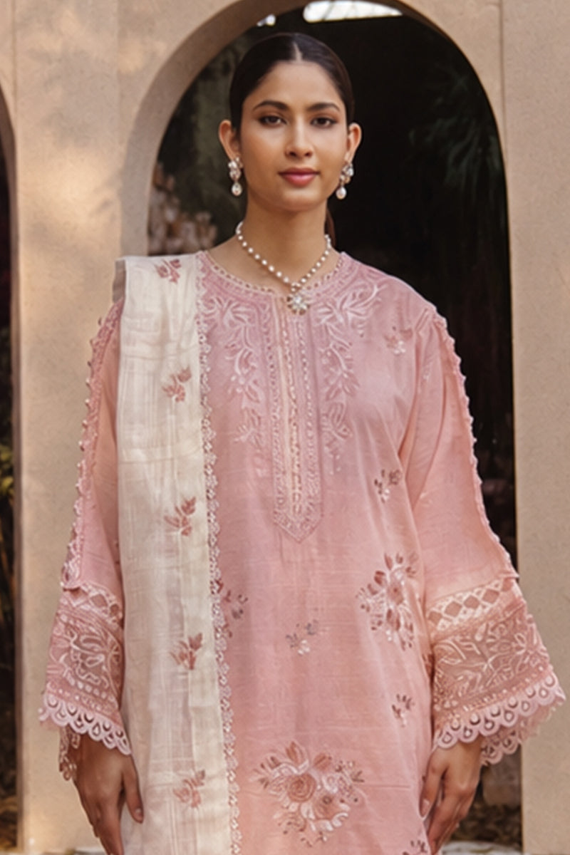 Mahrin By Johra - Premium 3PC Unstitched Embroidered Lawn Suit (Pink & White)