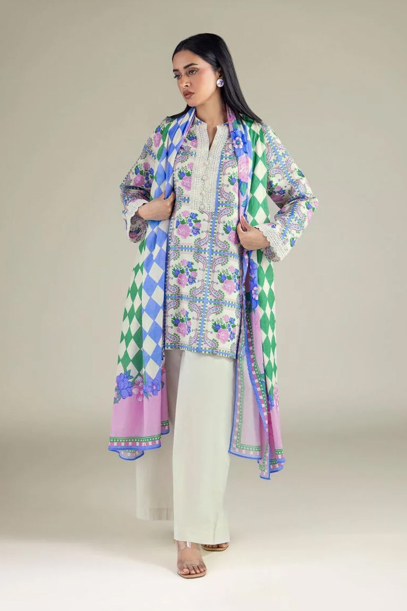Khaadi – 3 Piece Unstitched Premium Embroidered Digital Printed Lawn Suit (Light Cream & CornFlower Blue)