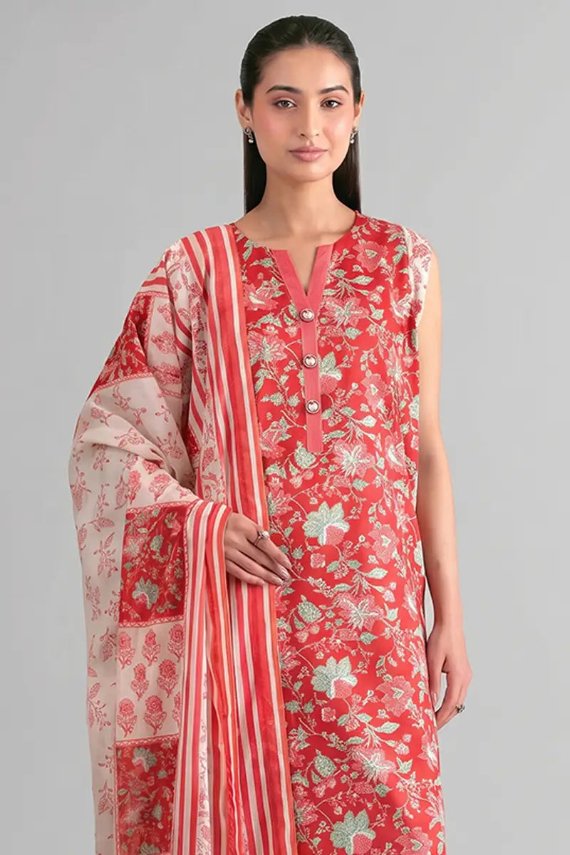 Sapphire Vol.7 - 3PC Unstitched Printed Lawn Suit (Coral Red Floral)